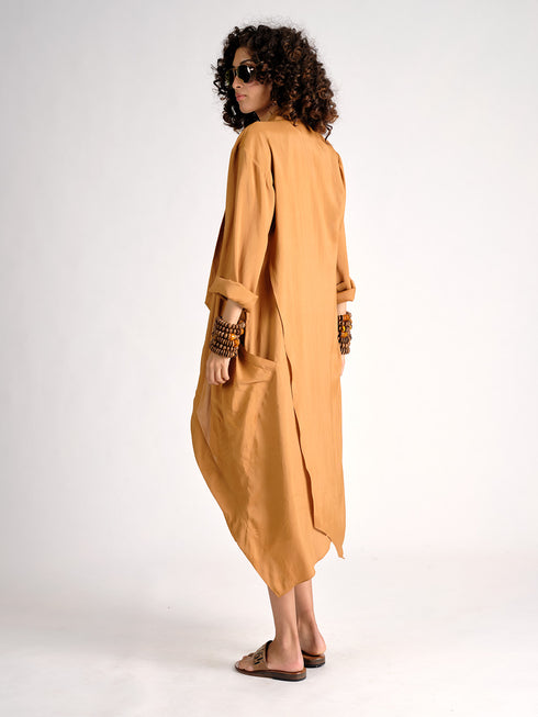 Silk Draped Cross Back Coat ochre brown