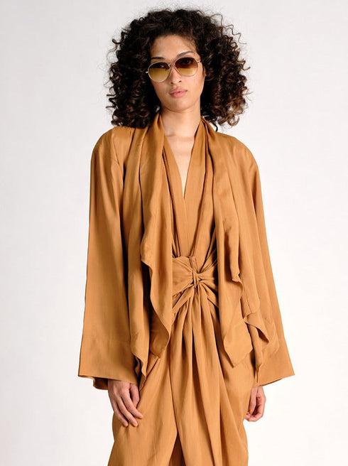 Silk High Neck Cross Over Jacket ochre brown