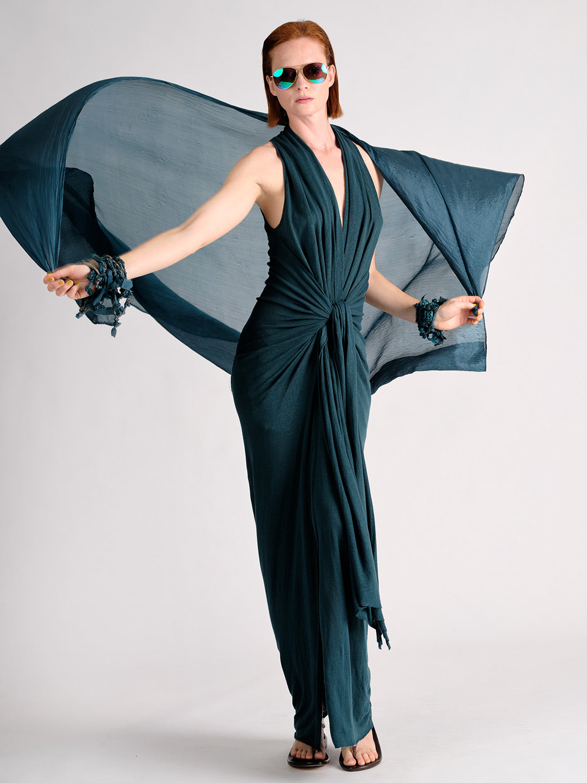 Linen Jersey Wrap Tie Dress blue