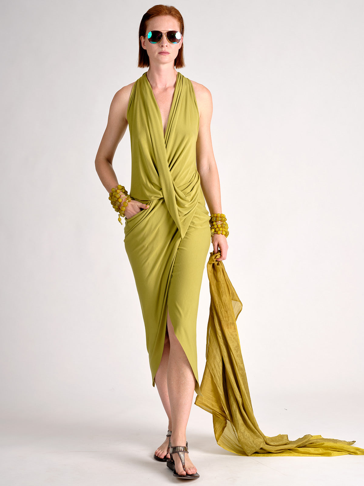 Jersey V-Neck Draped Dress Artichoke