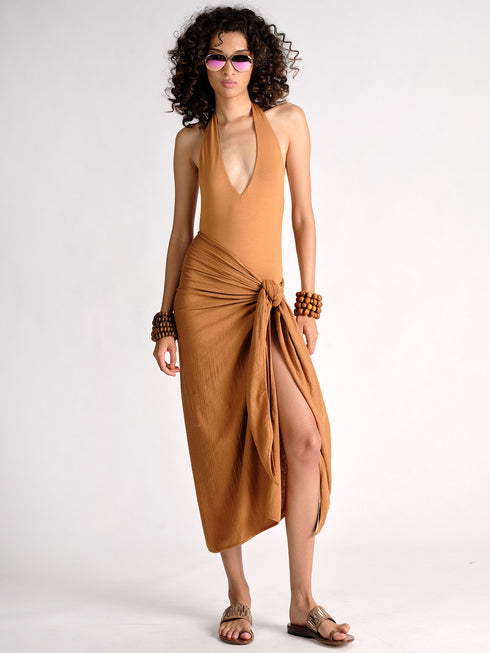 Jersey V-Neck Halter Bodysuit Ochre