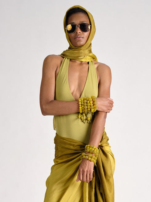 Jersey V-Neck Halter Bodysuit Artichoke
