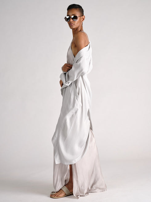 Silk Draped Cross Back Coat silver grey