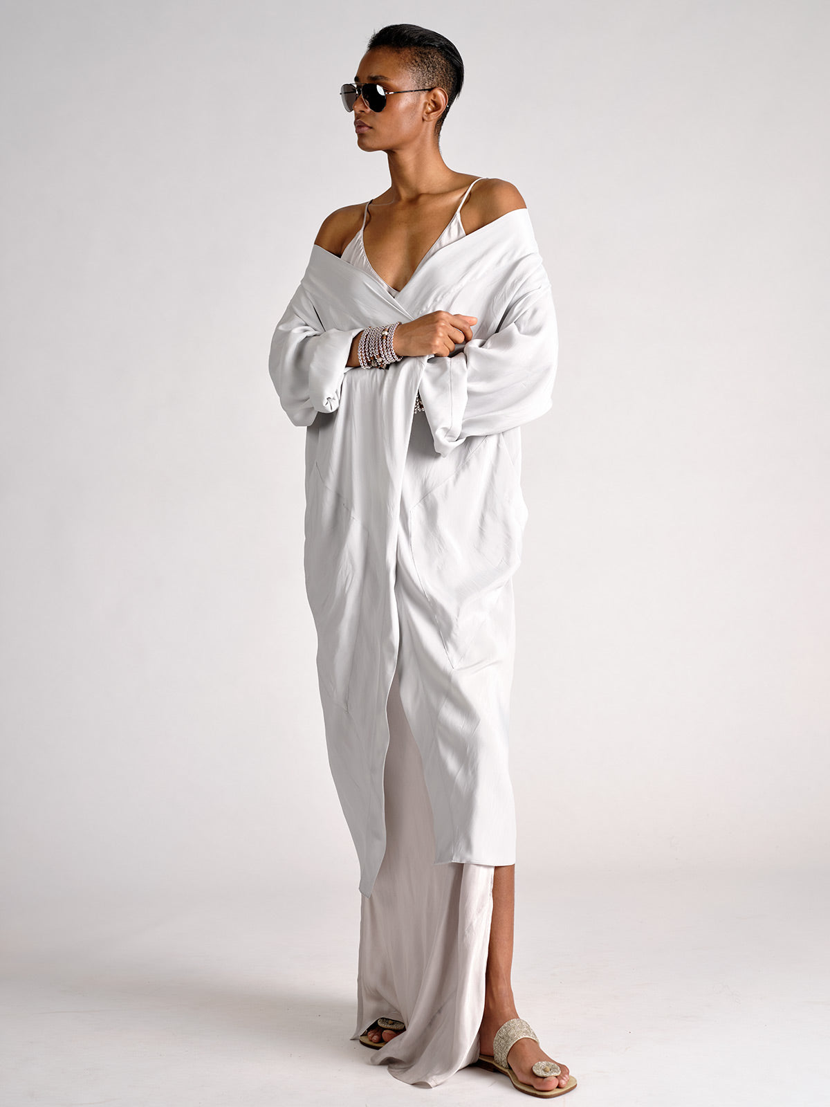 Silk Draped Cross Back Coat silver grey