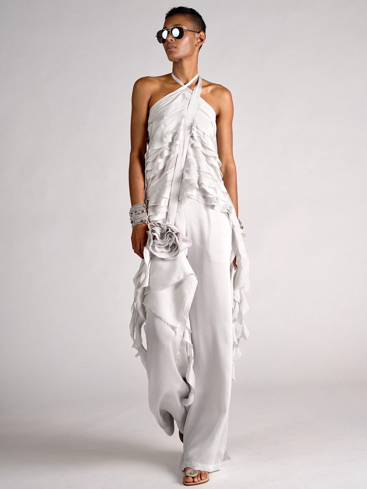 Silk Ruffle Top Silver grey