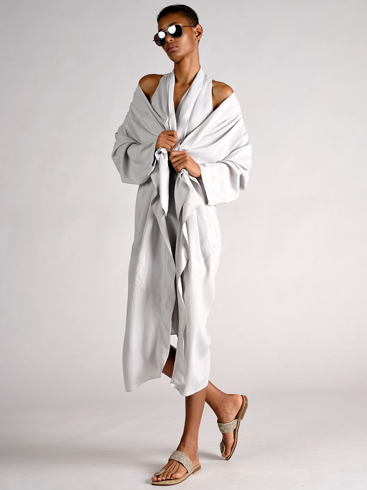 Silk Draped Cross Back Coat silver grey