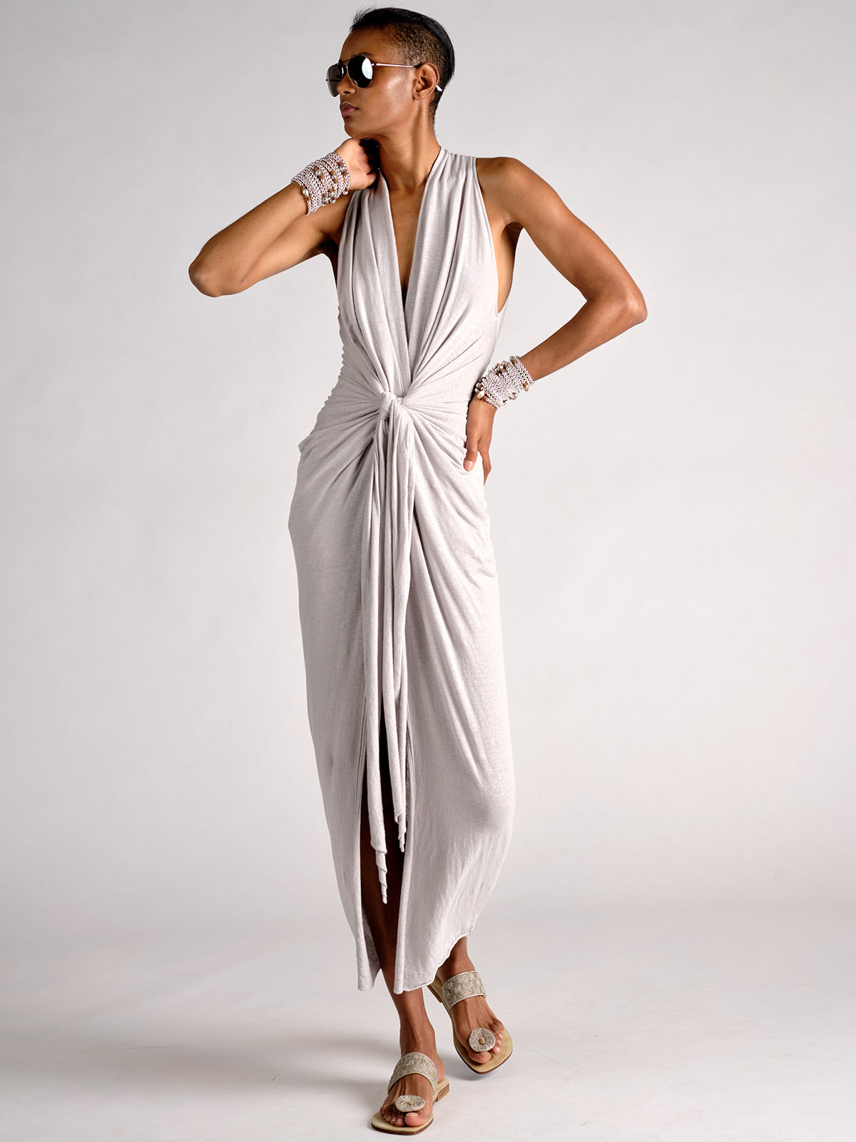 Linen Jersey Wrap Tie Dress light grey