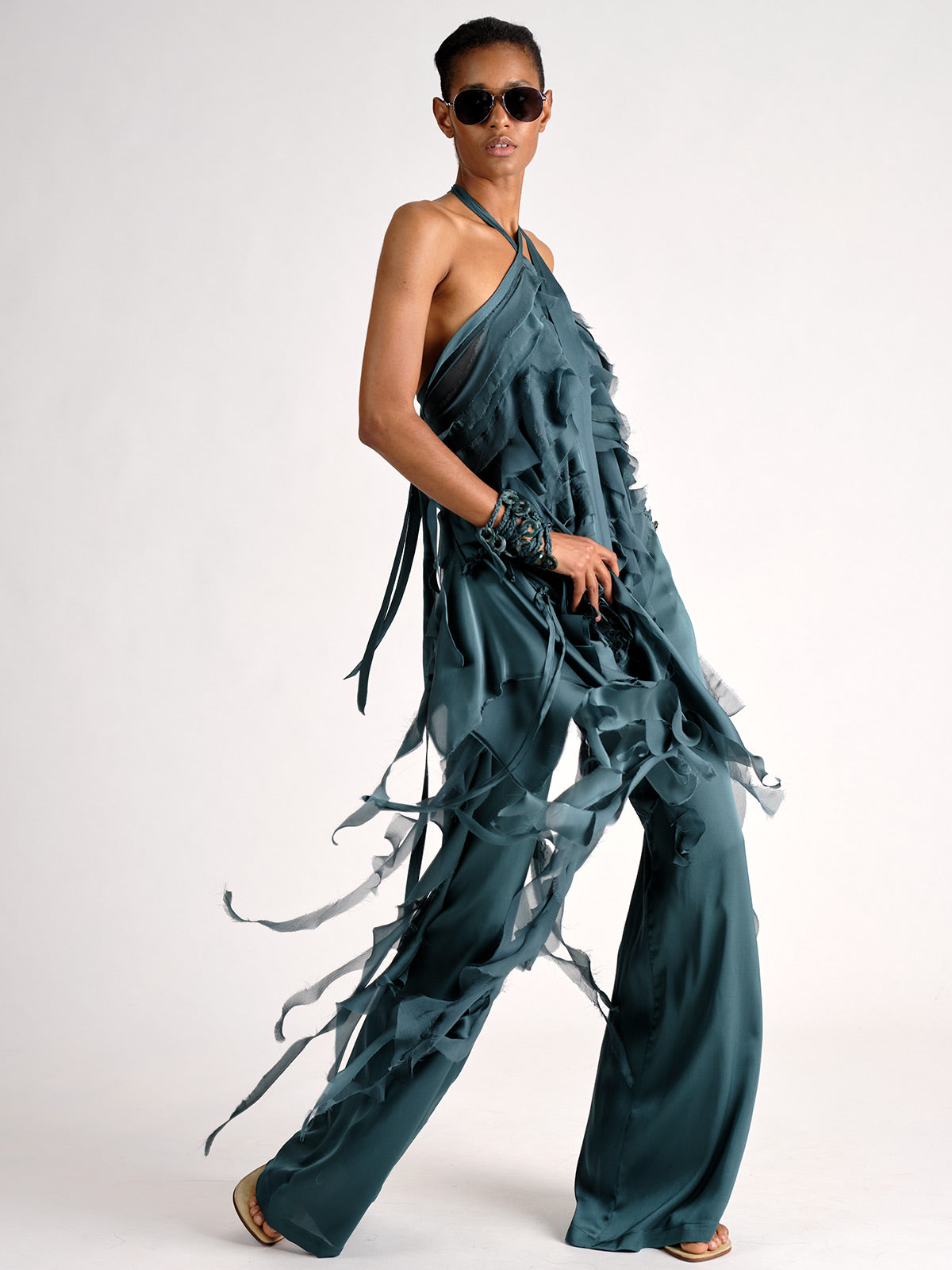 Silk Hand Sewn Ruffle Top wedgewood blue