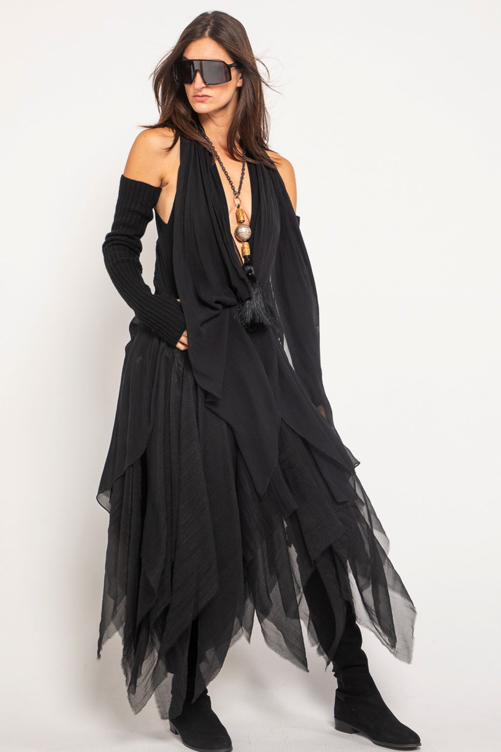 Signature Jersey V Neck Bodysuit with Chiffon Scarf Black Urban Zen
