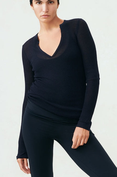 Ribbed Cashmere V Neck Top Indigo navy blue P S M L