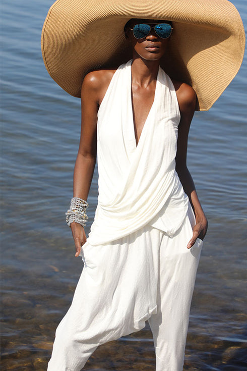 Linen Jersey V Neck Draped Top Ivory