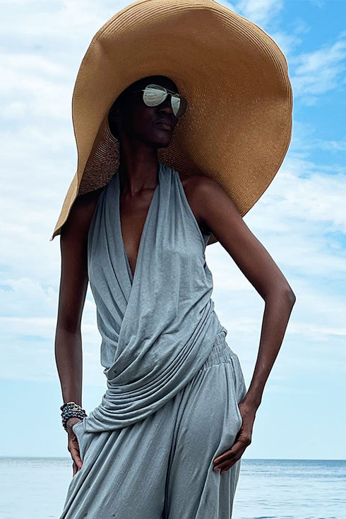 Linen Jersey V Neck Draped Top Vintage Denim