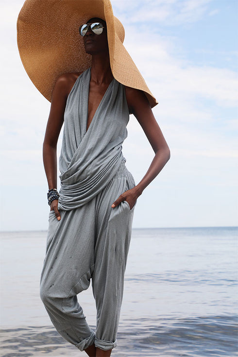 Linen Jersey V Neck Draped Top Vintage Denim