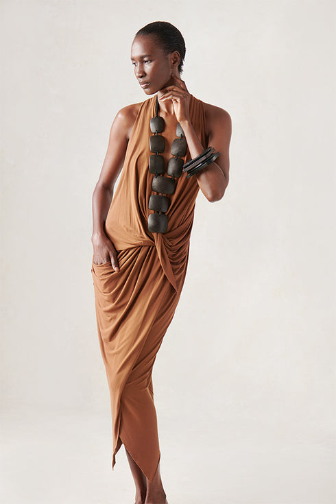 Jersey V Neck Draped Dress Rust XS S M L