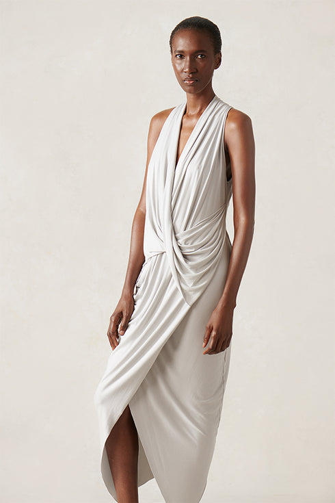 Jersey V Neck Draped Dress Grey XS S M L