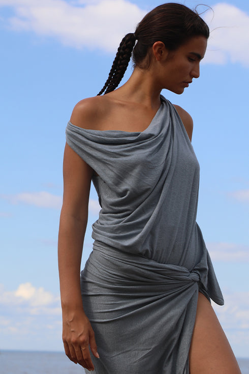 Linen Jersey Cowl Off Shoulder Top Vintage Denim XS S M L XL