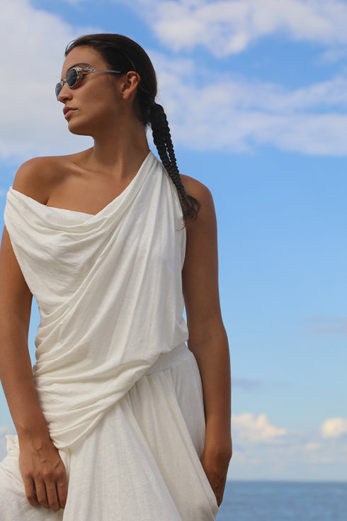 Linen Jersey Cowl Off Shoulder Top Ivory XS S M L XL