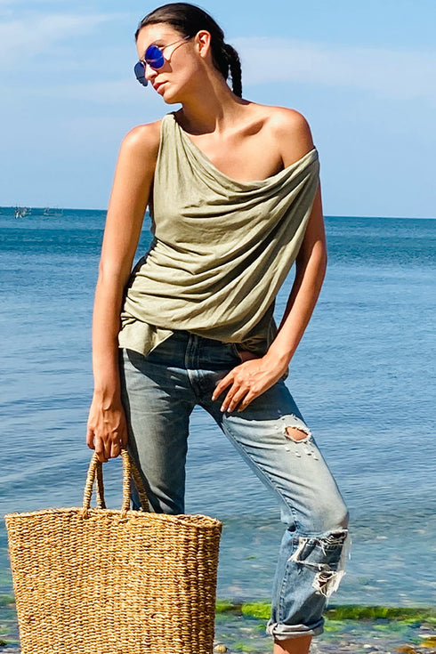 Linen Jersey Cowl Off Shoulder Top Jade XS S M L XL