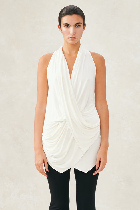 Jersey V Neck Draped Top Ivory XS S M L