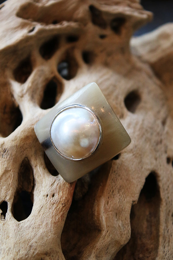 Carolyn Roumeguere Horn Ring with Pearl Square 5