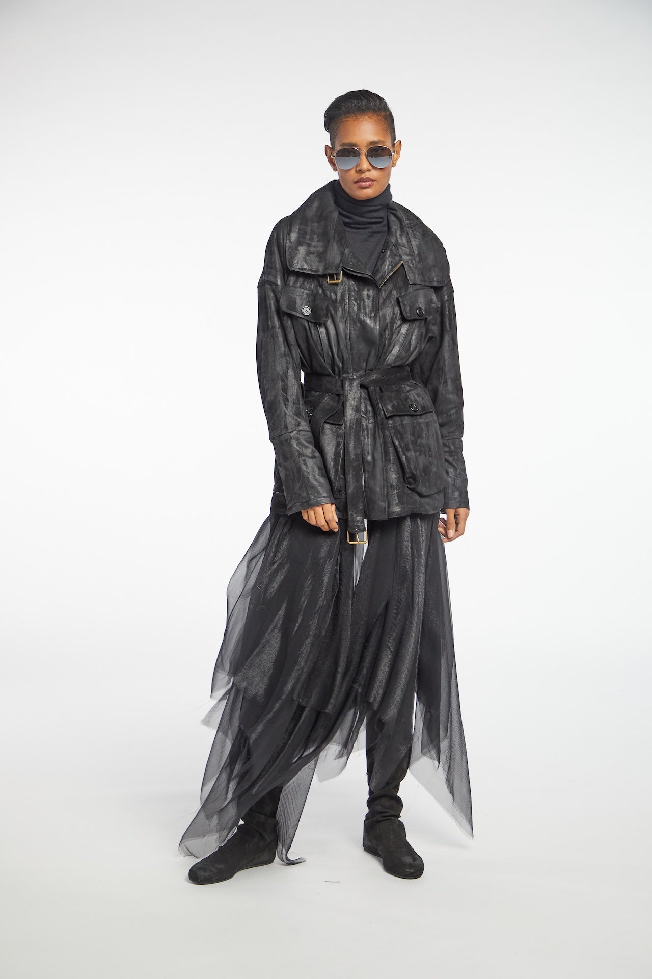 Waxed Suede Long Padded Coat black