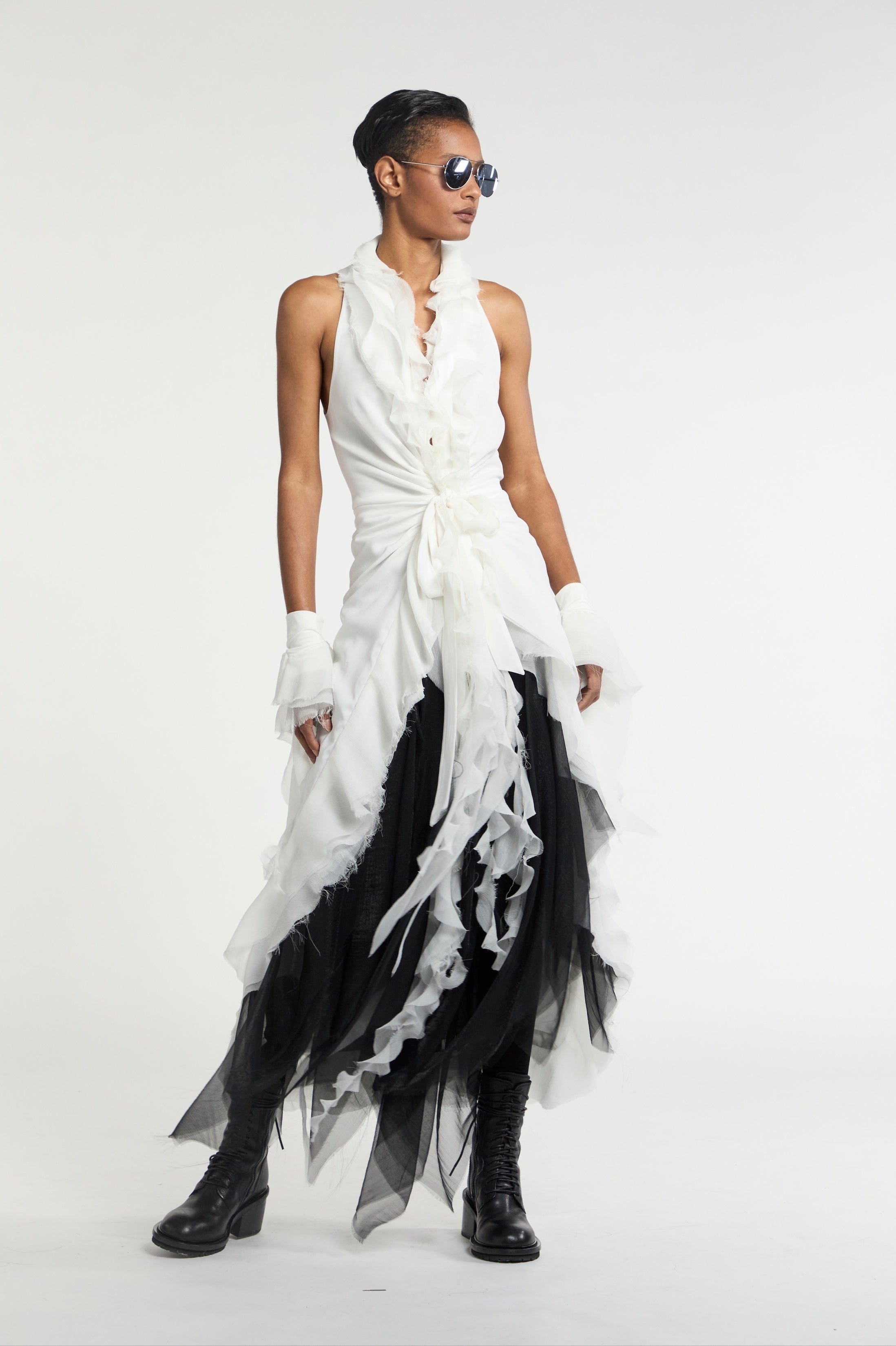 Atelier Urban Stretch Wrap Tie Ruffle DressIvory White