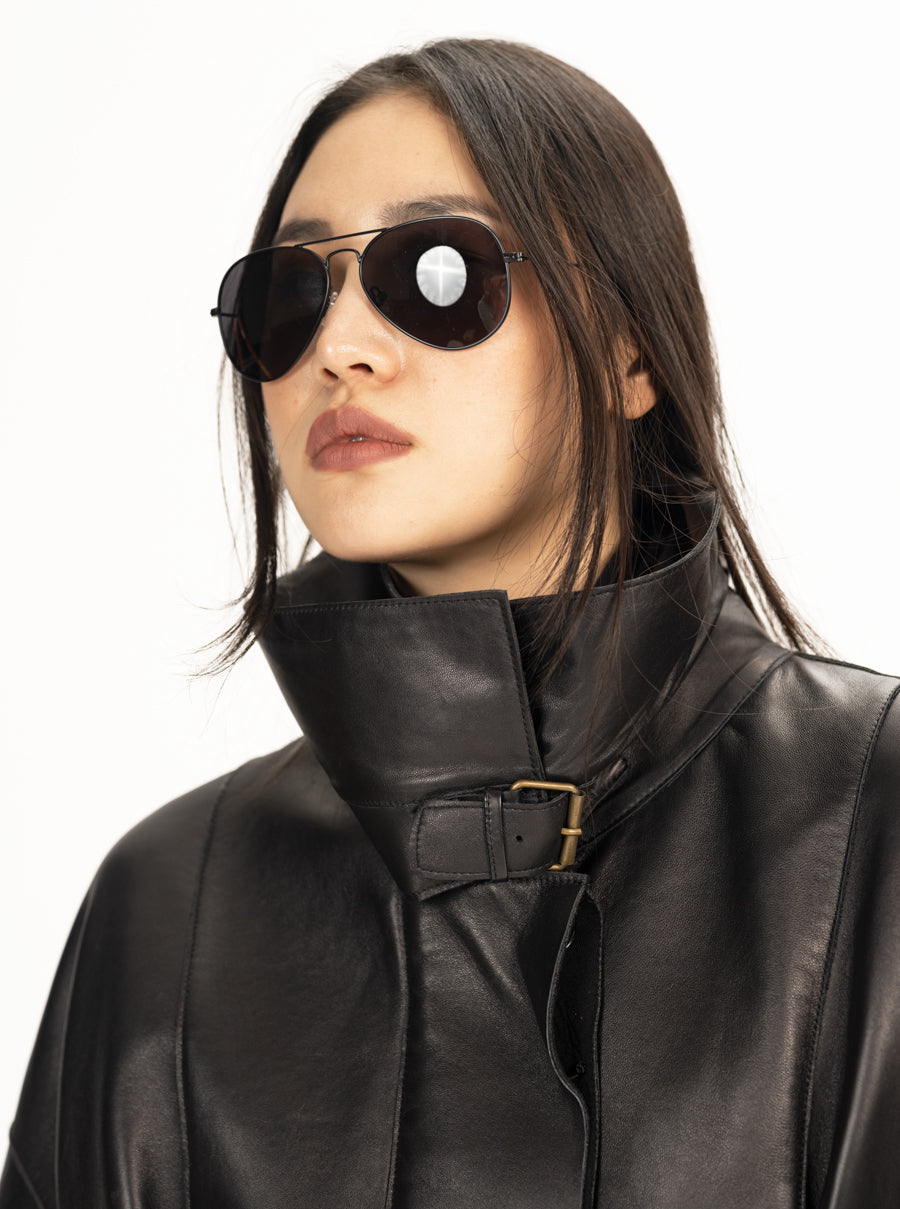 Leather High Neck Jacket Black XS S M