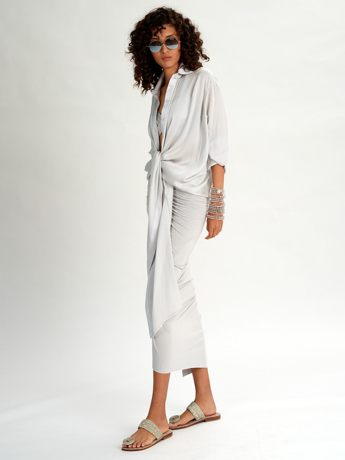 Silk Charmeuse Button Up Top silver grey
