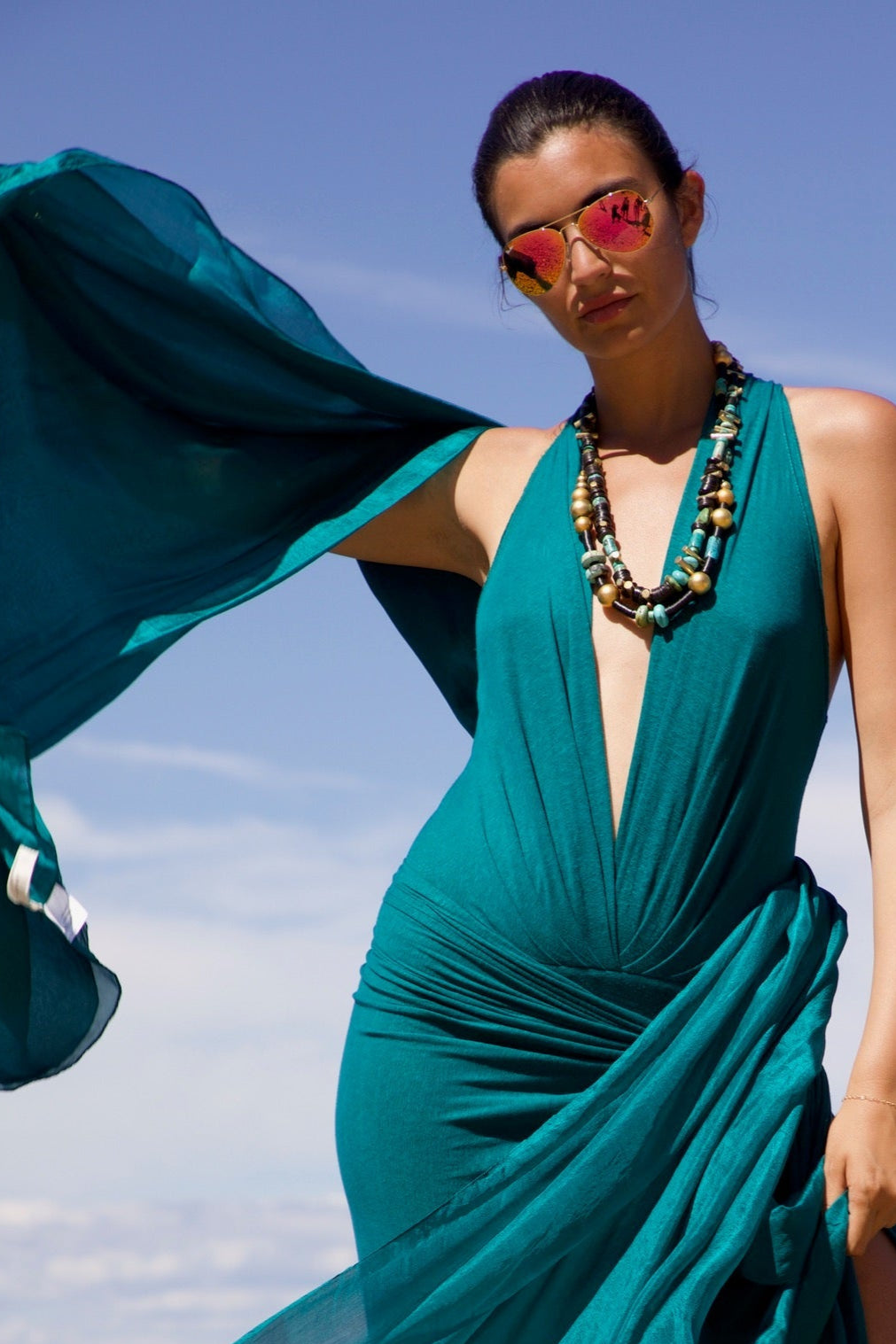 Linen Jersey V Neck Bodysuit Urban Zen Aqua XS S M L 