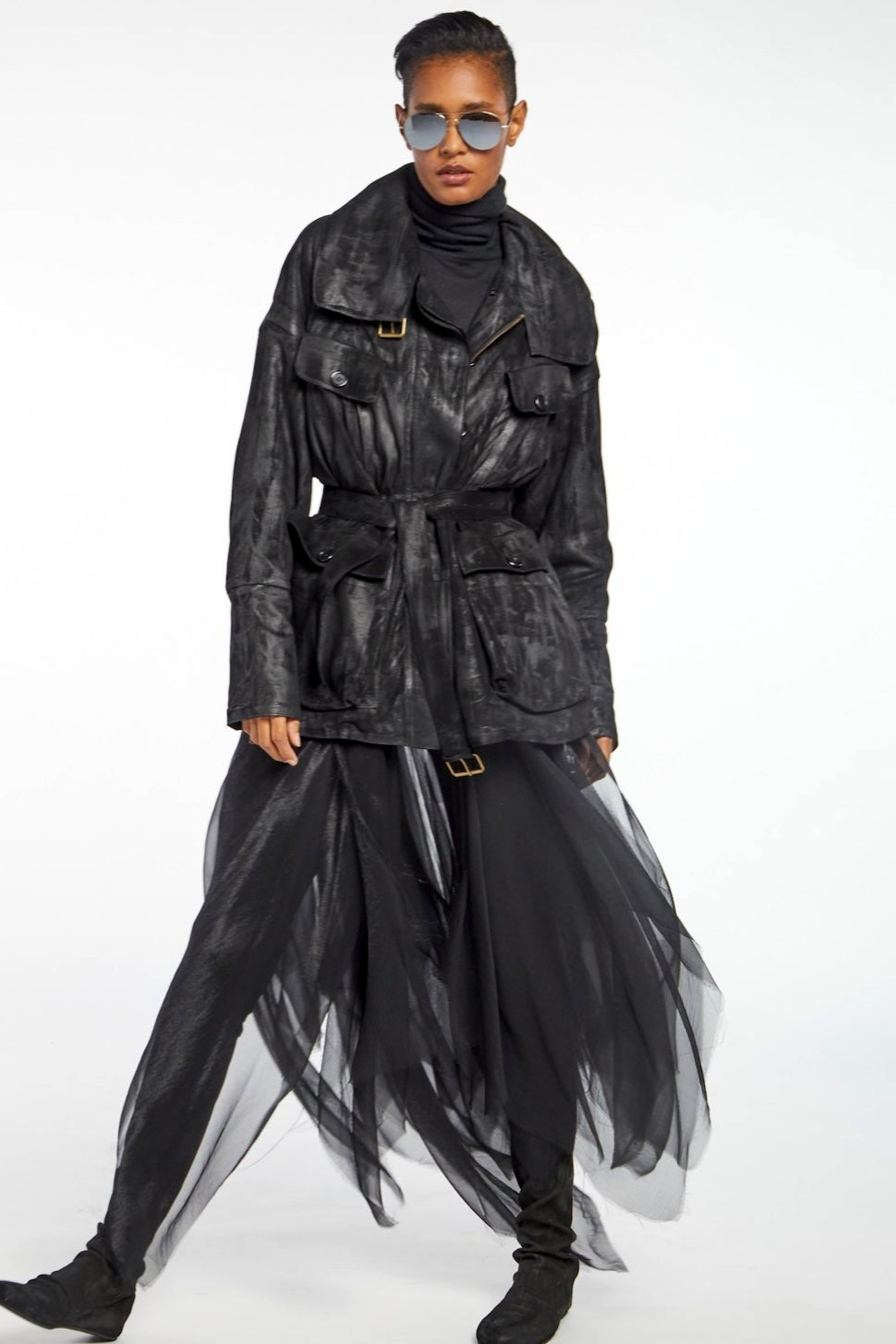 Waxed Suede 3/4 Long Padded Coat Black Urban Zen