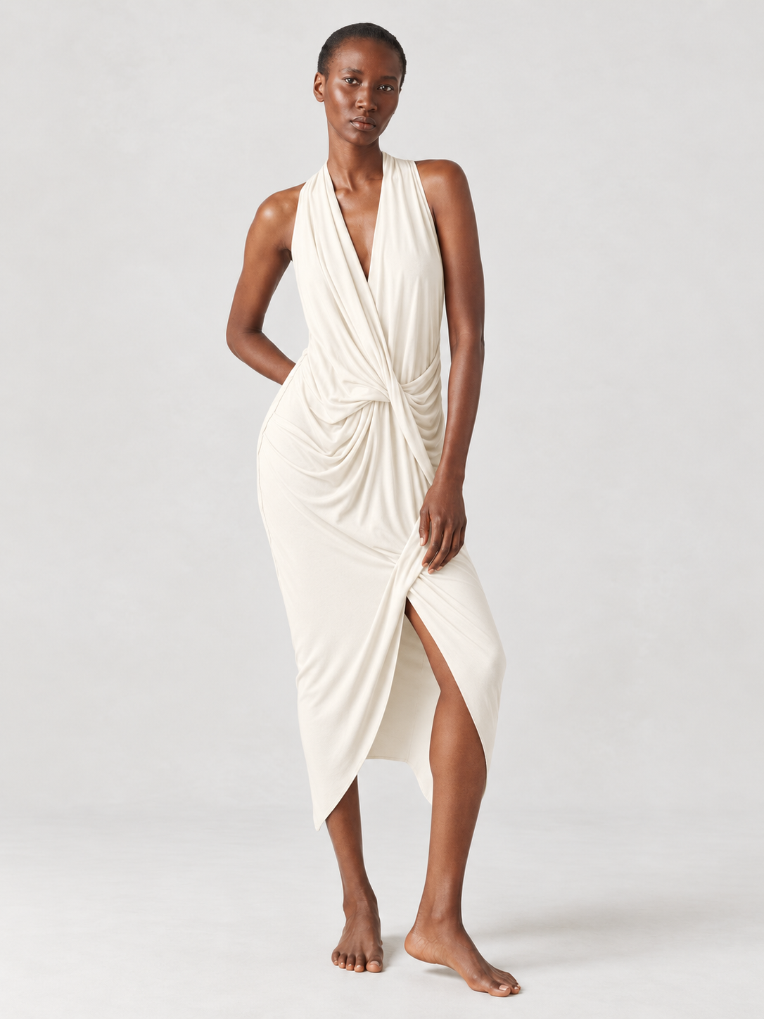 Jersey V Neck Draped Dress Ivory Urban Zen