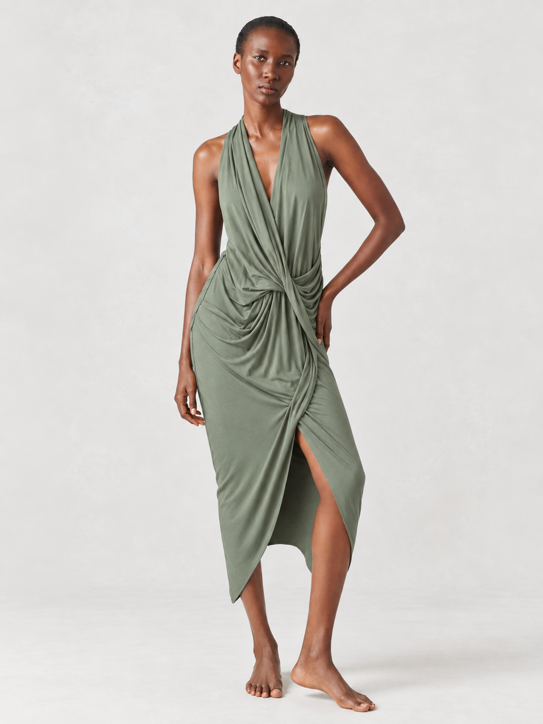Jersey V Neck Draped Dress Jade Urban Zen