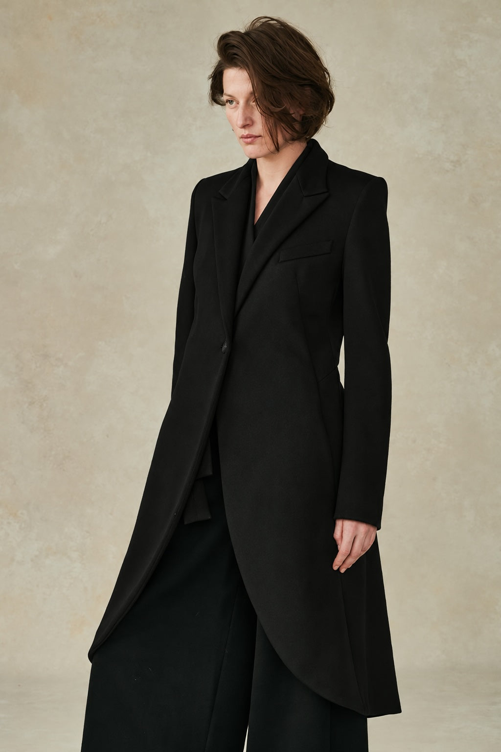 Neoprene Notch Collar Long Coat Black
