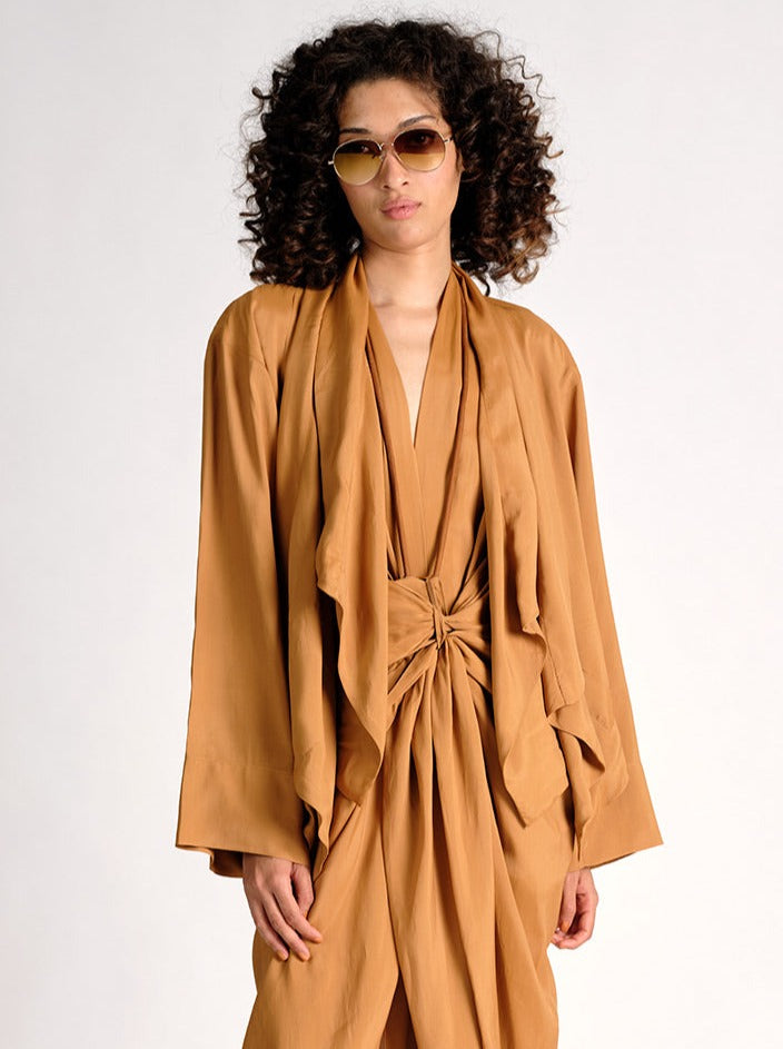 Silk High Neck Cross Over Jacket ochre brown 