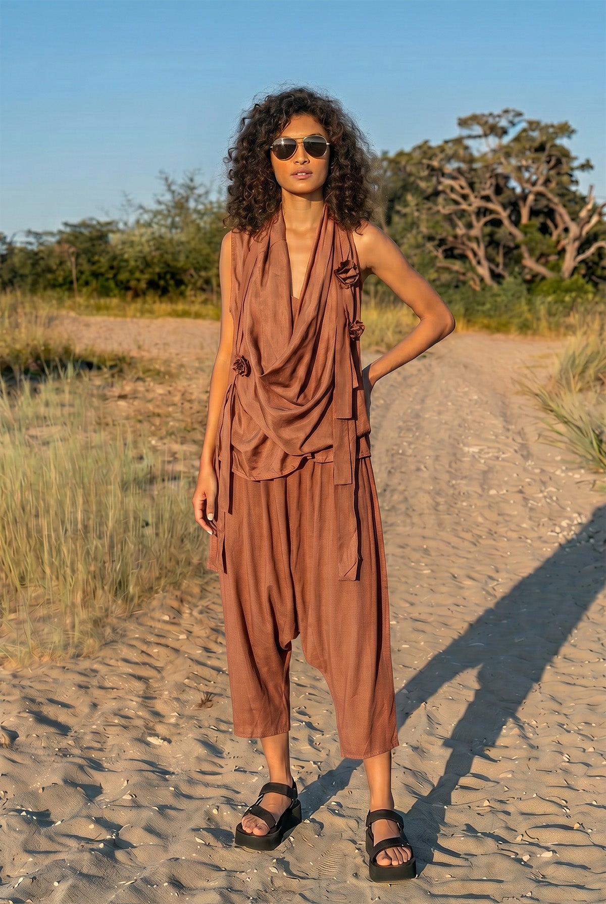Silk Sleeveless Cowl Top sandstone brown