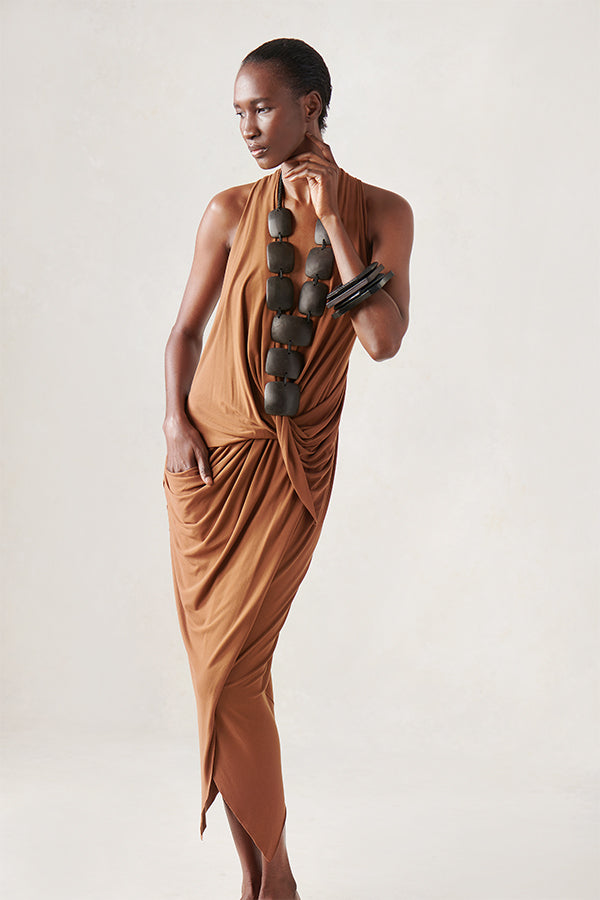 Jersey V Neck Draped Dress Rust XS S M L