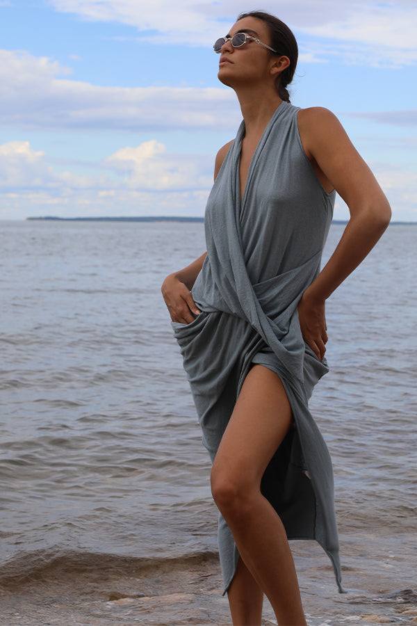 Linen Jersey V Neck Draped Dress Vintage Denim XS S M L