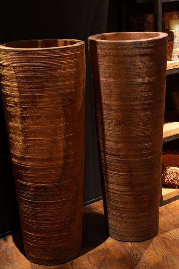 Teak Wood Cylinder Pots Brown